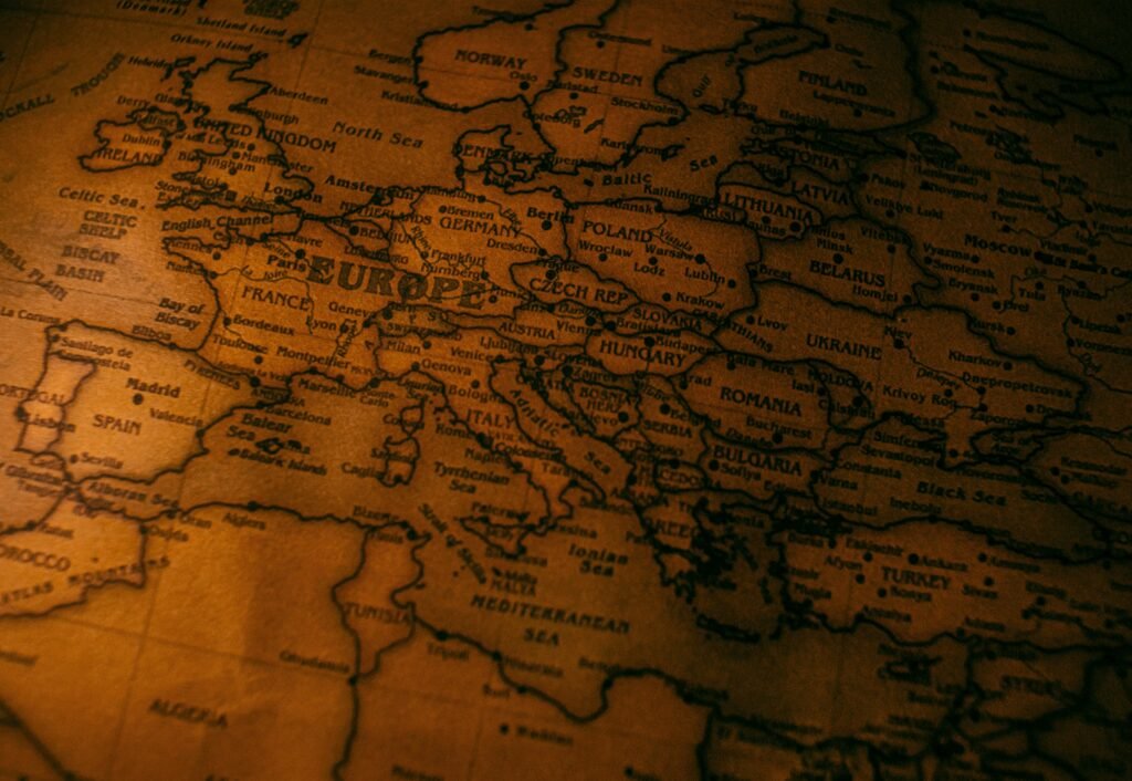 Detailed vintage-style map of Europe showcasing classic travel routes and countries.